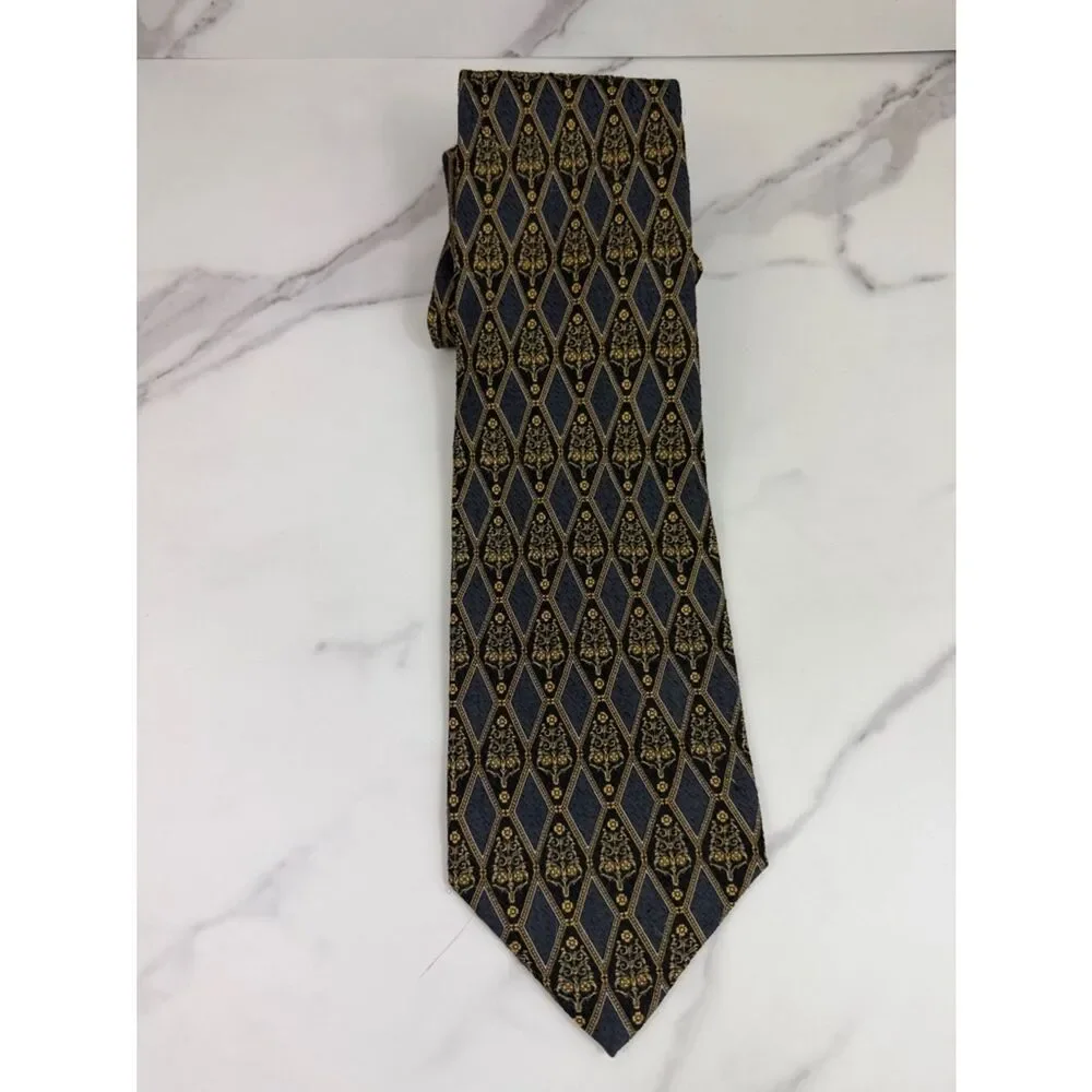 Valentino Cravatte Silk Tie Blue Gold Diamond Medallion Made in Italy